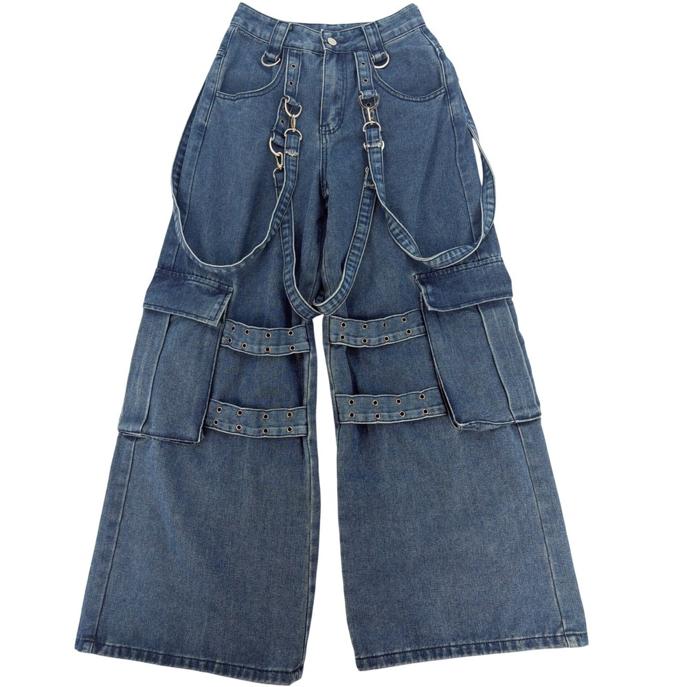 Cyber Y2K Wide Leg Cargo Jeans Harajuku Rave Strap Denim Pants US 4